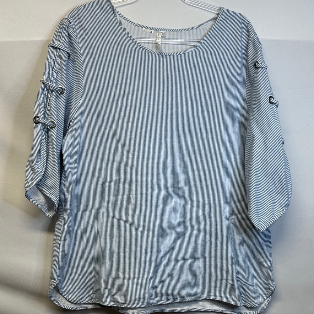Lulu B Blue White Stripe Top Cotton Blouse 3/4 Sleeve Side Tie Resort Wear L